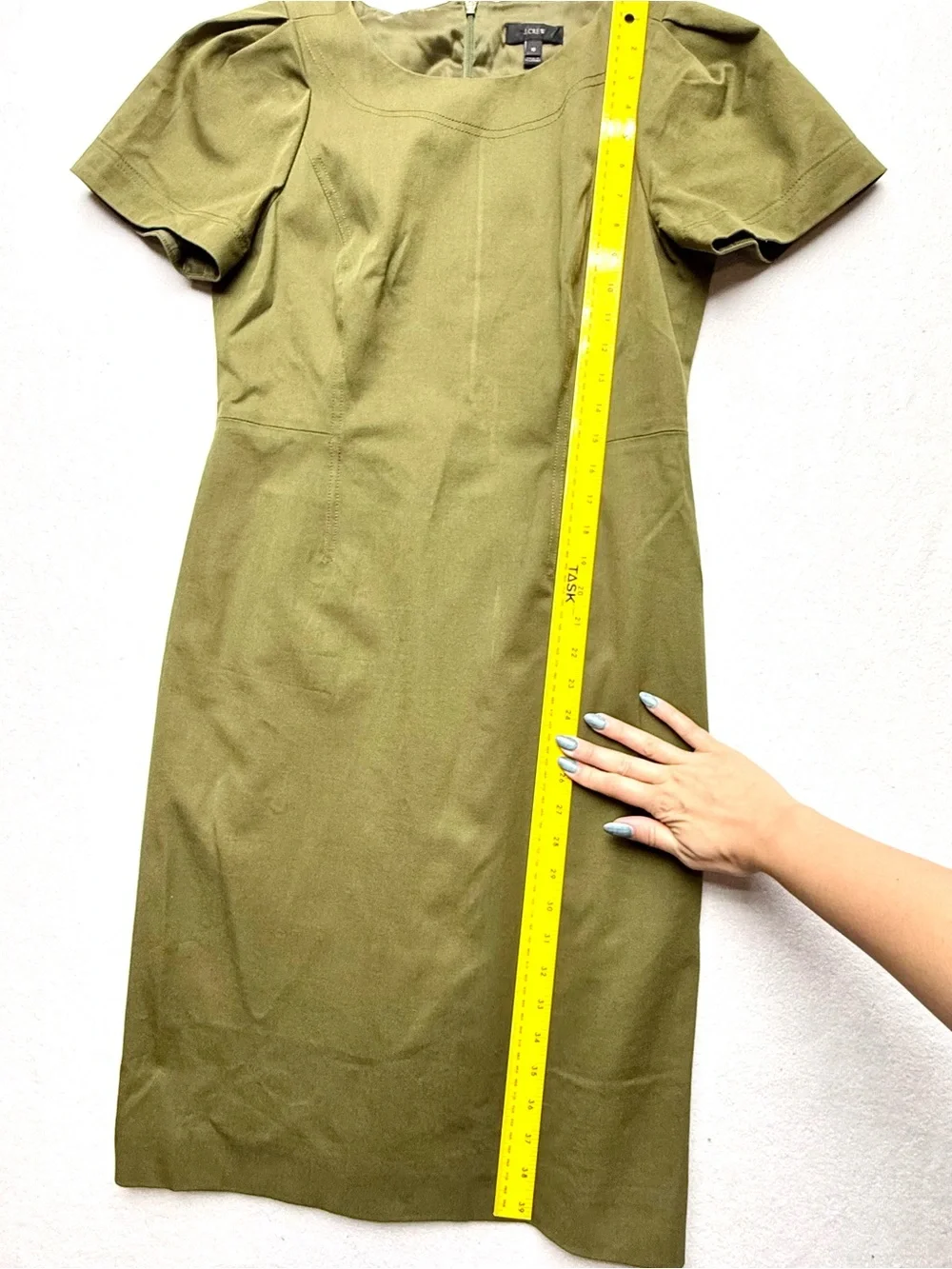 J. Crew Olive Puff-Sleeve Midi Sheath Dress